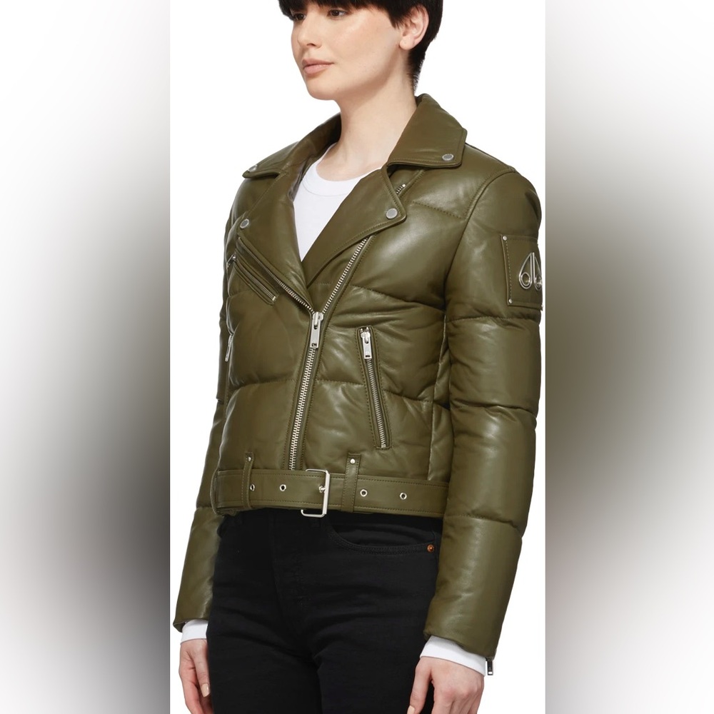 Moose Knuckles Padded Leather Biker Jacket In Olive Green